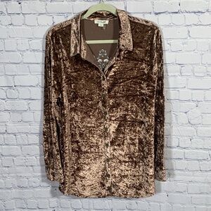 Simply Noelle Womens Crushed Velvet Button Down Brown L/XL Forest Fairy Grunge